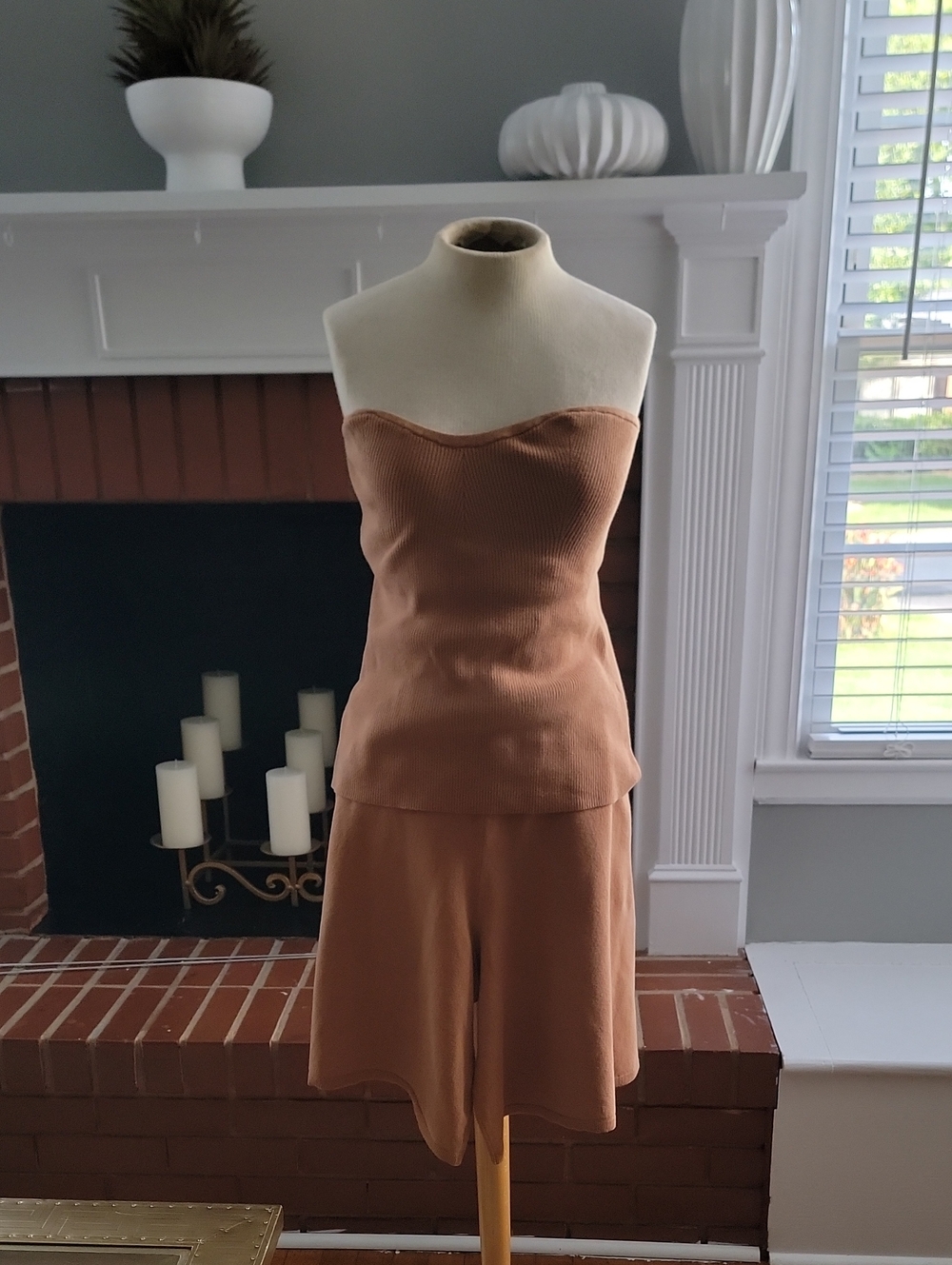 Free People Ribbed Strapless Shorts Set in Camel Brown